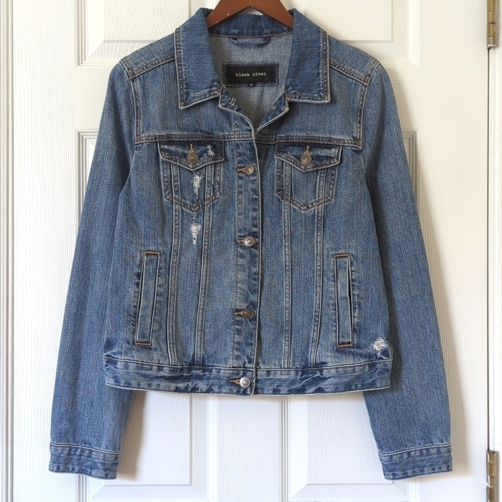 Black Rivet Classic Medium Wash Distressed Cropped Denim Jean Trucker Jacket M